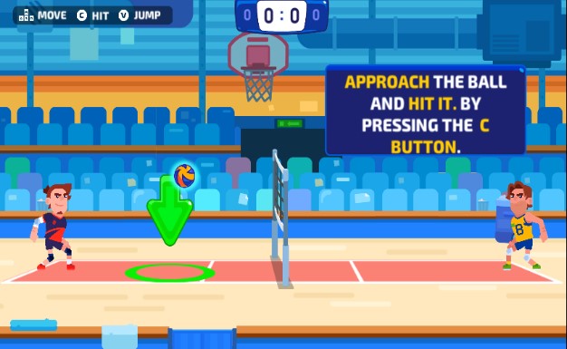 Volleyball Legends: Colorful arcade-style volleyball game featuring cartoon athletes performing powerful spikes and jumps in a fast-paced sports arena.
